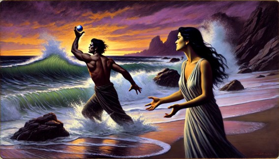 Nota. La figura muestra el momento en el que Kino decide arrojar la perla al mar, liberándose de todo el mal que trajo. Fuente: ChatGPT (2024).